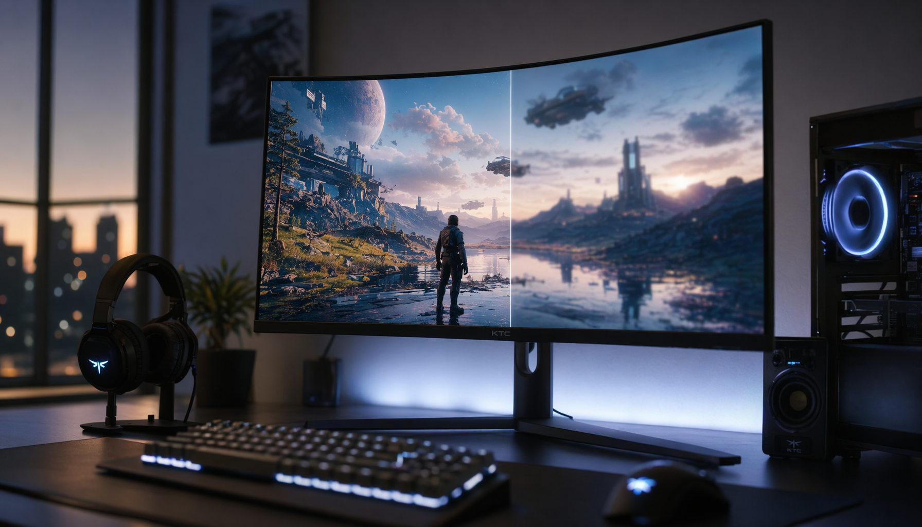 27-inch curved gaming monitor on a desk displaying a visual comparison of 1440p and 4K resolution gaming performance