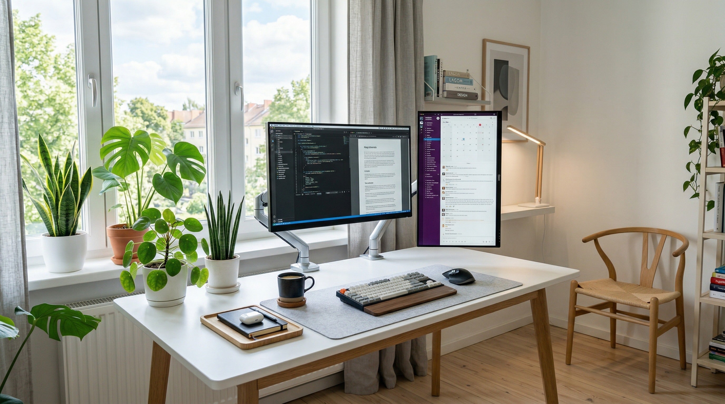 KTC monitors in hybrid horizontal-vertical setup on ergonomic dual arms, showing code and chat