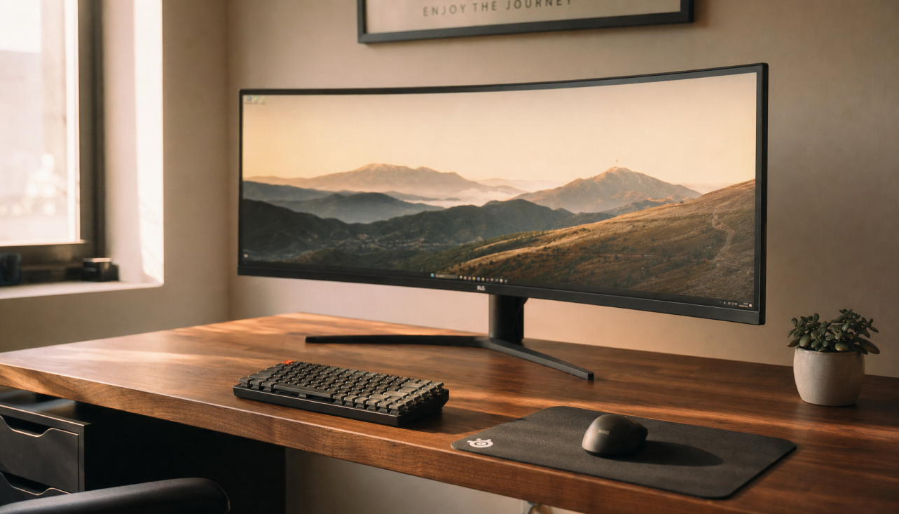 34-inch curved ultrawide monitor centered on a 30-inch deep walnut desk with keyboard and soft afternoon window lighting