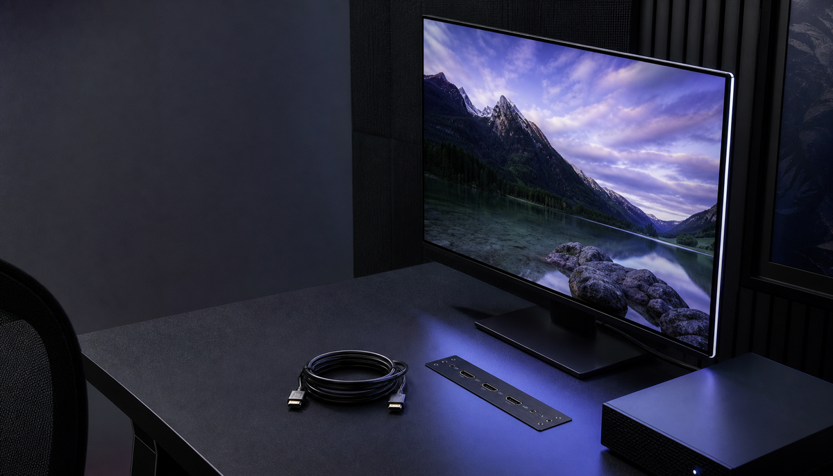 4K HDR gaming monitor connected via HDMI cable on a clean desk setup, illustrating HDMI signal bandwidth for HDR10