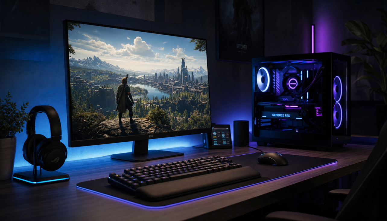 4K gaming monitor displaying a high-detail open-world game scene on a sleek gaming desk setup