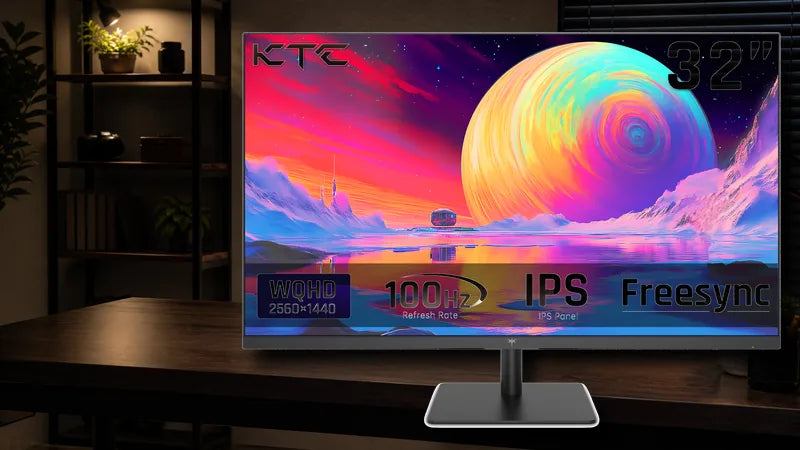 KTC H32T13 IPS monitor shown as the main product on a clean background in a dim desk scene for evaluating IPS glow