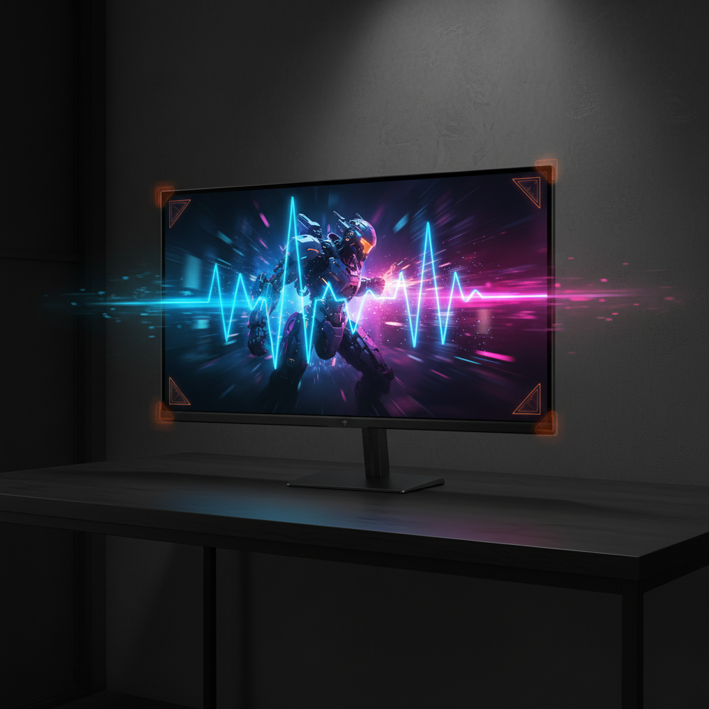 Gaming monitor with glowing frequency waves and subtle caution icons in a dark tech setting.