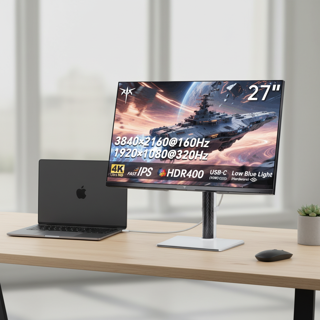 MacBook connected to a monitor via single USB-C cable showing clean desk setup