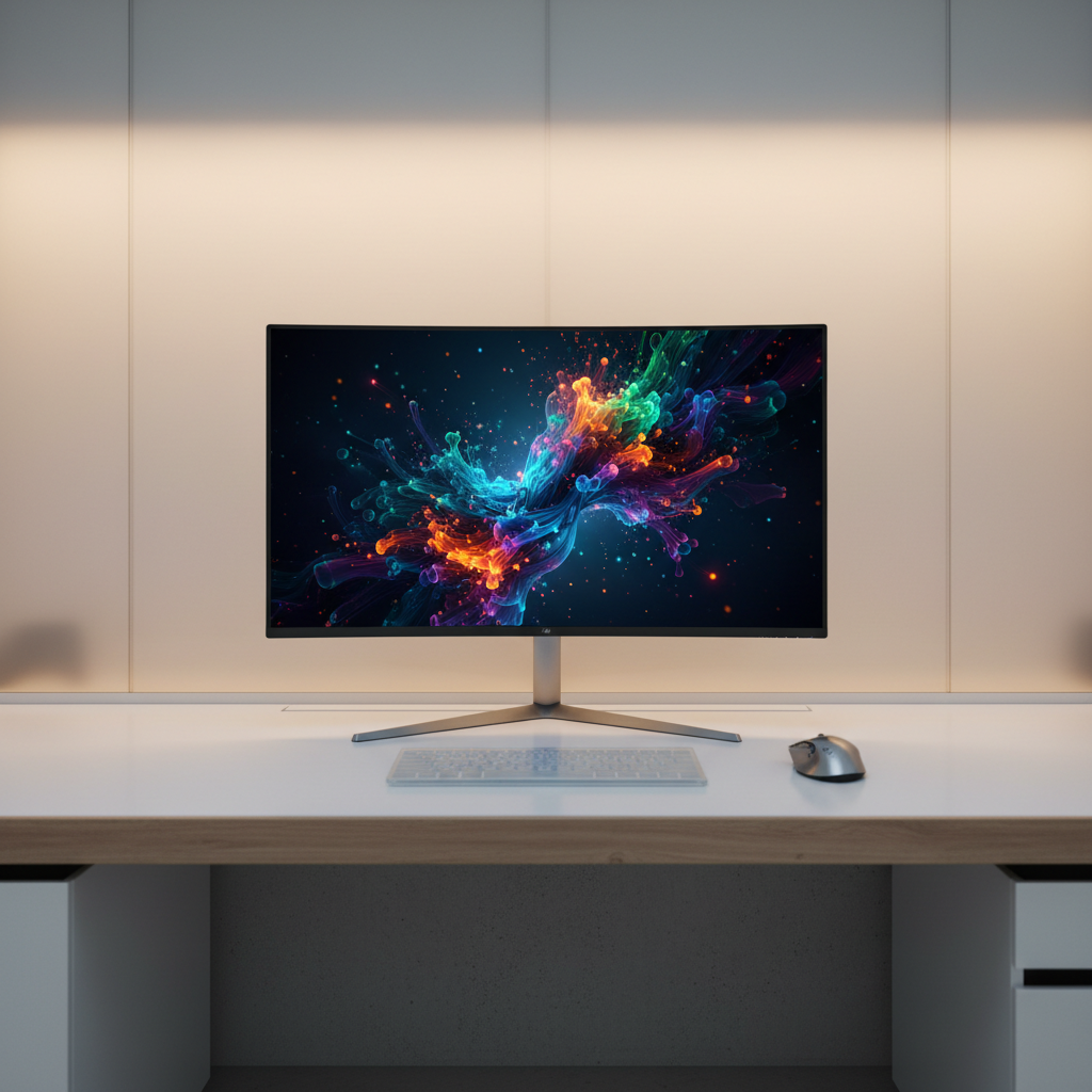 A sleek 27-inch OLED gaming monitor on a minimalist desk with soft RGB lighting in a modern 2026 setup.