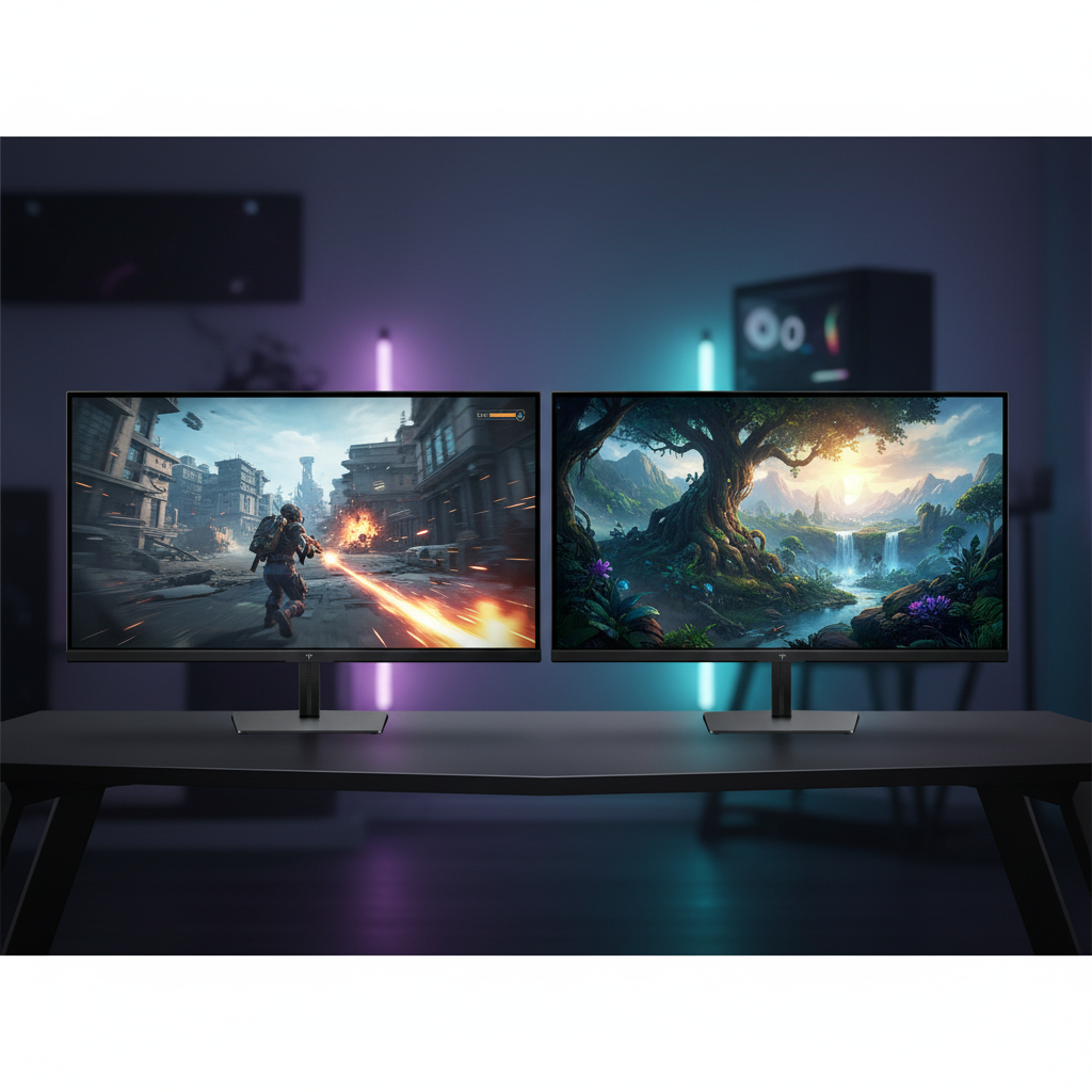 A side-by-side comparison of two gaming monitors: one displaying a fast-paced esports game with sharp motion and the other a detailed 4K RPG landscape with vibrant colors.