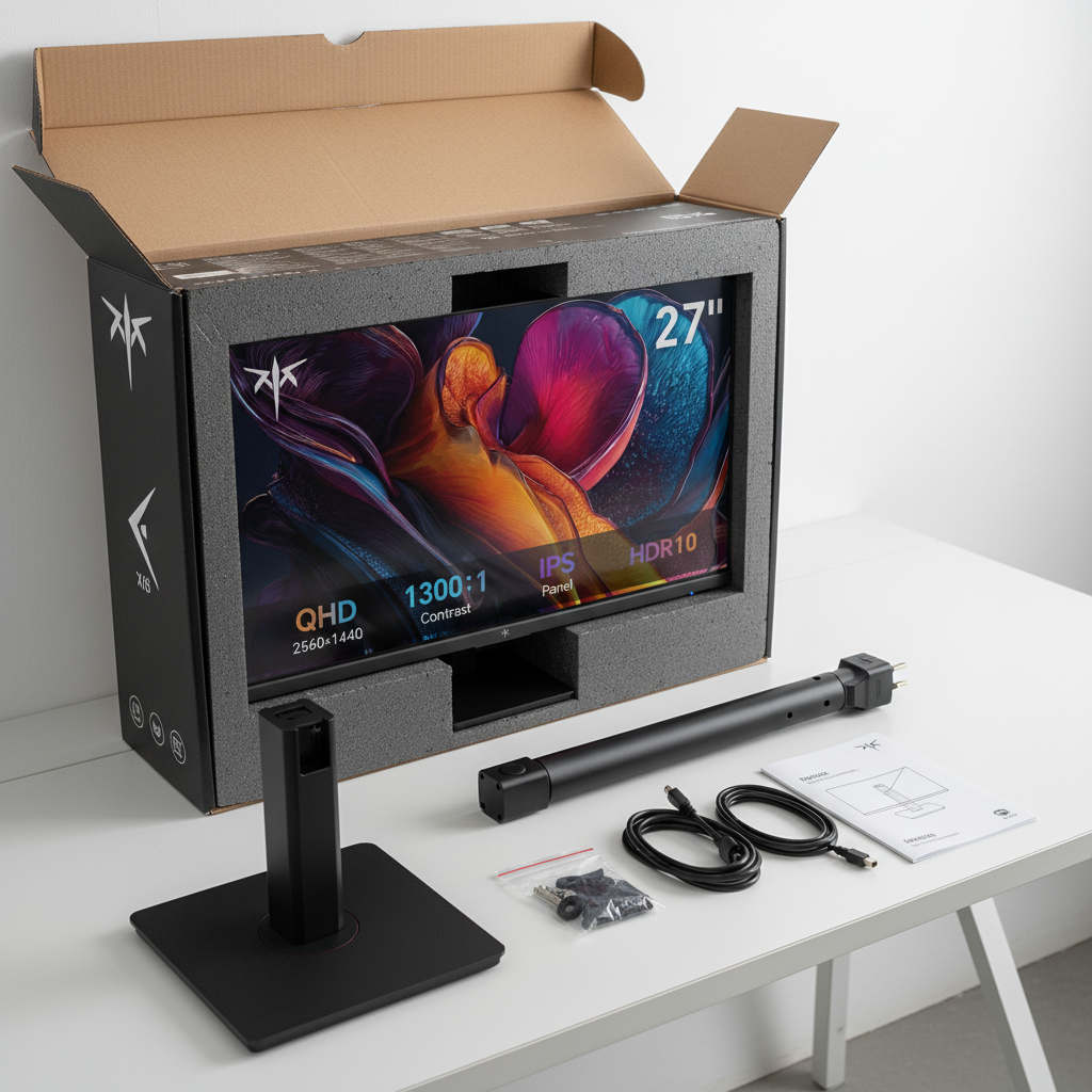 Ergonomic monitor unboxing showing stand, cables, and VESA components on a desk setup