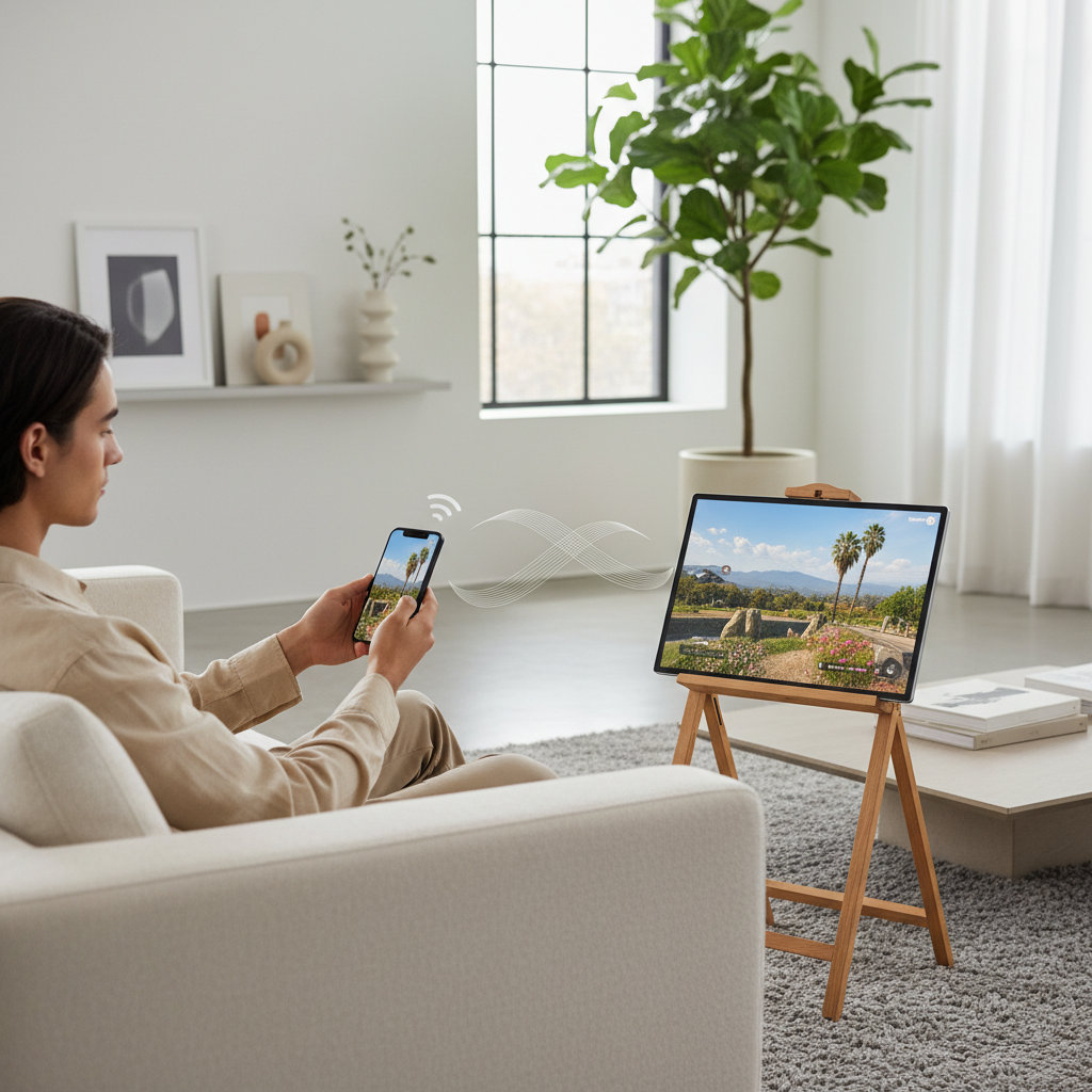 A person in a modern living room mirroring their smartphone to a large portable smart display on a stand.