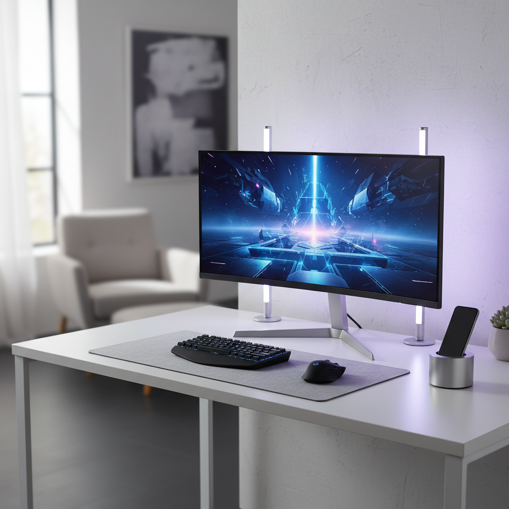 A high-performance gaming monitor on a clean, modern desk setup, representing a factory-direct purchase.