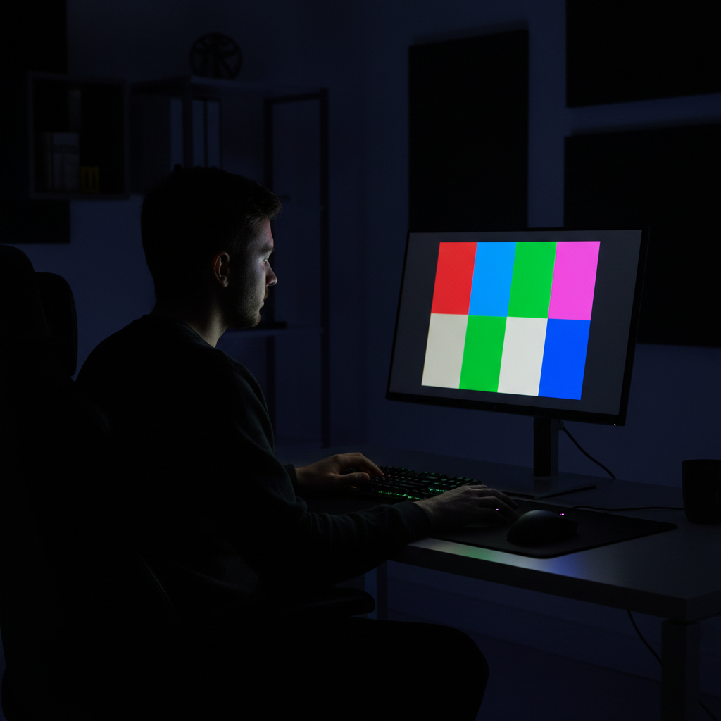 A person in a dimly lit home office testing a high-quality computer monitor displaying a vibrant color grid test pattern.