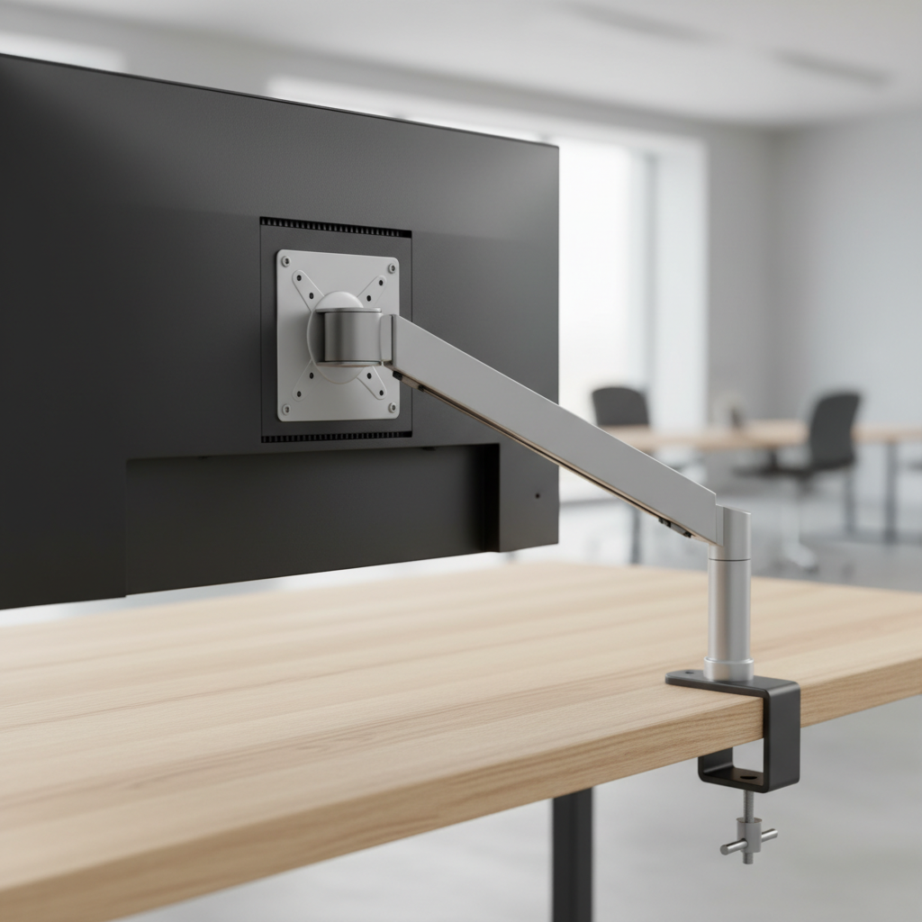 A professional desk setup featuring a modern gaming monitor being mounted onto a black articulated arm, with a clear focus on the VESA plate connection and the desk clamp.