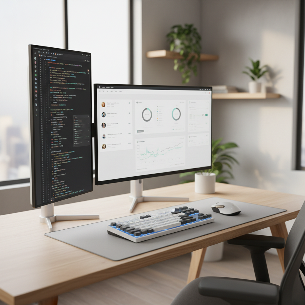 A professional ergonomic desk setup featuring a vertical monitor displaying code and chat windows alongside a horizontal monitor in a modern, clean office environment.
