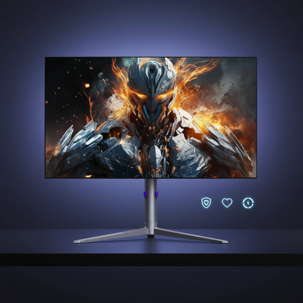 A premium OLED gaming monitor in a modern dark-themed setup, showcasing vibrant colors and deep blacks with subtle protection icons.