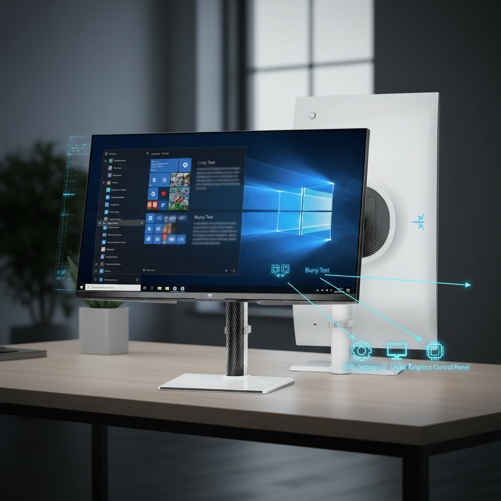 A professional 27-inch 4K gaming monitor on a clean desk, showing a Windows desktop where the edges are cut off due to overscan, with technical diagnostic overlays showing sharpness tests and settings icons.