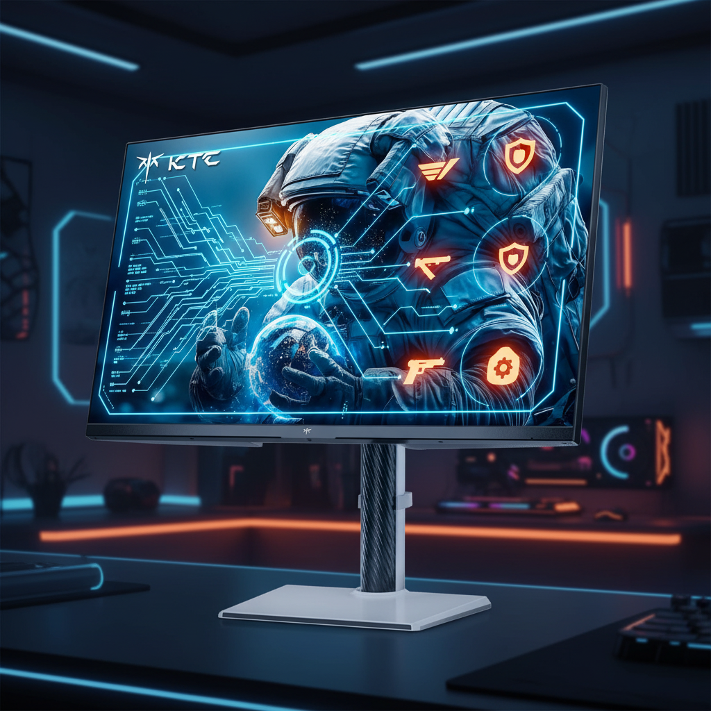 A futuristic digital interface overlaying a gaming monitor, visually translating complex technical specifications into simple, intuitive icons representing speed and color depth.