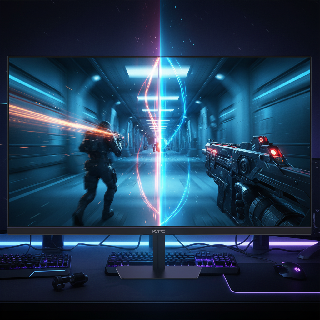 A split-screen comparison of a fast-paced first-person shooter game. The left side shows motion blur and ghosting at 60Hz, while the right side displays a sharp, fluid image at 120Hz, set in a dark cinematic gaming environment.