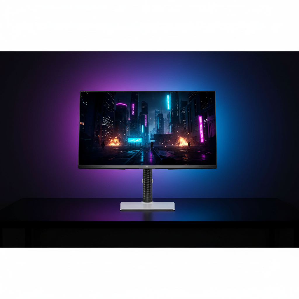 A dark aesthetic gaming room setup featuring a 27-inch 1440p monitor with purple and blue RGB bias lighting on a black minimalist desk.