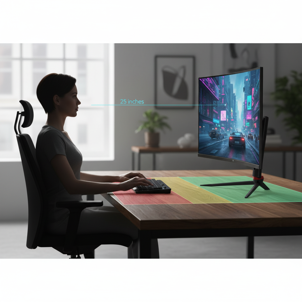Side view of a professional workspace featuring a 32-inch curved gaming monitor with ergonomic posture guides and desk depth zone overlays.