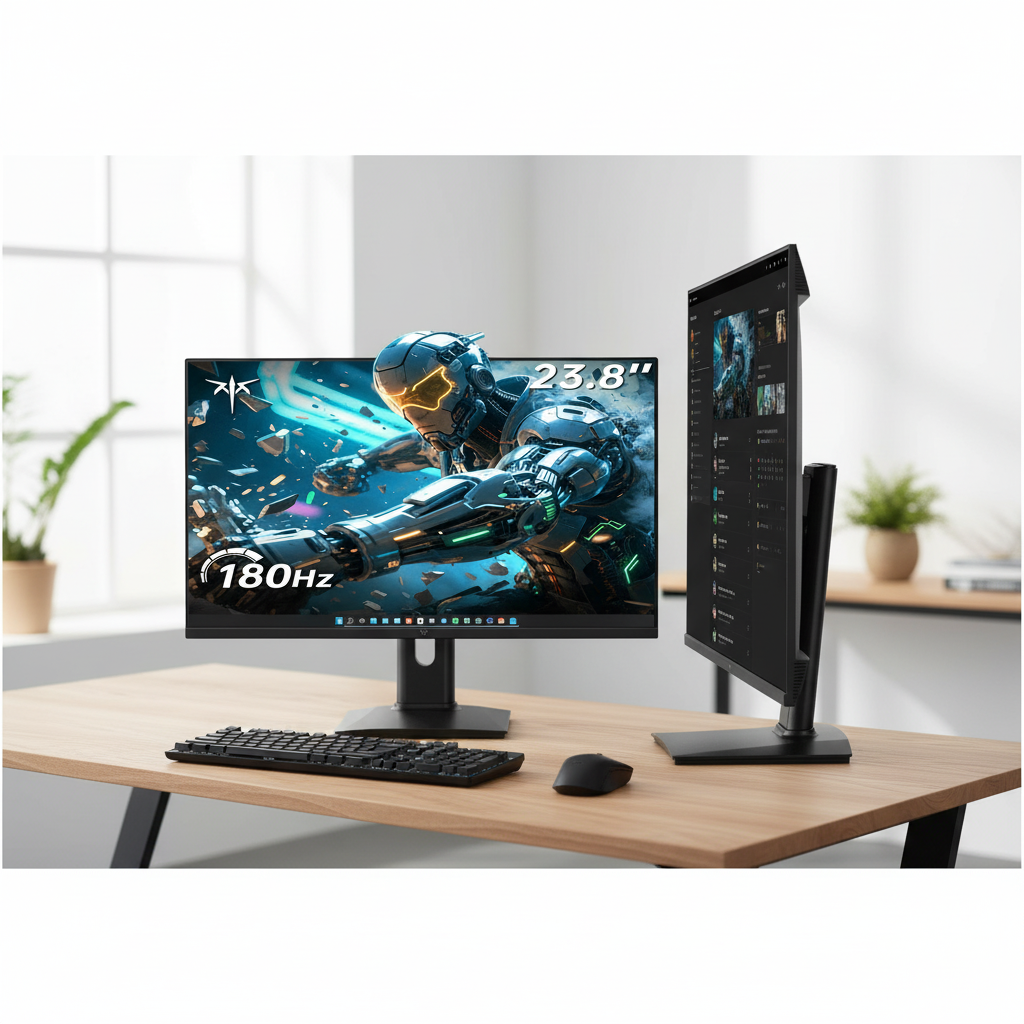 A clean dual monitor desk setup featuring a 27-inch widescreen monitor in landscape orientation and a 24-inch monitor in portrait orientation on a minimalist wooden desk with natural lighting.
