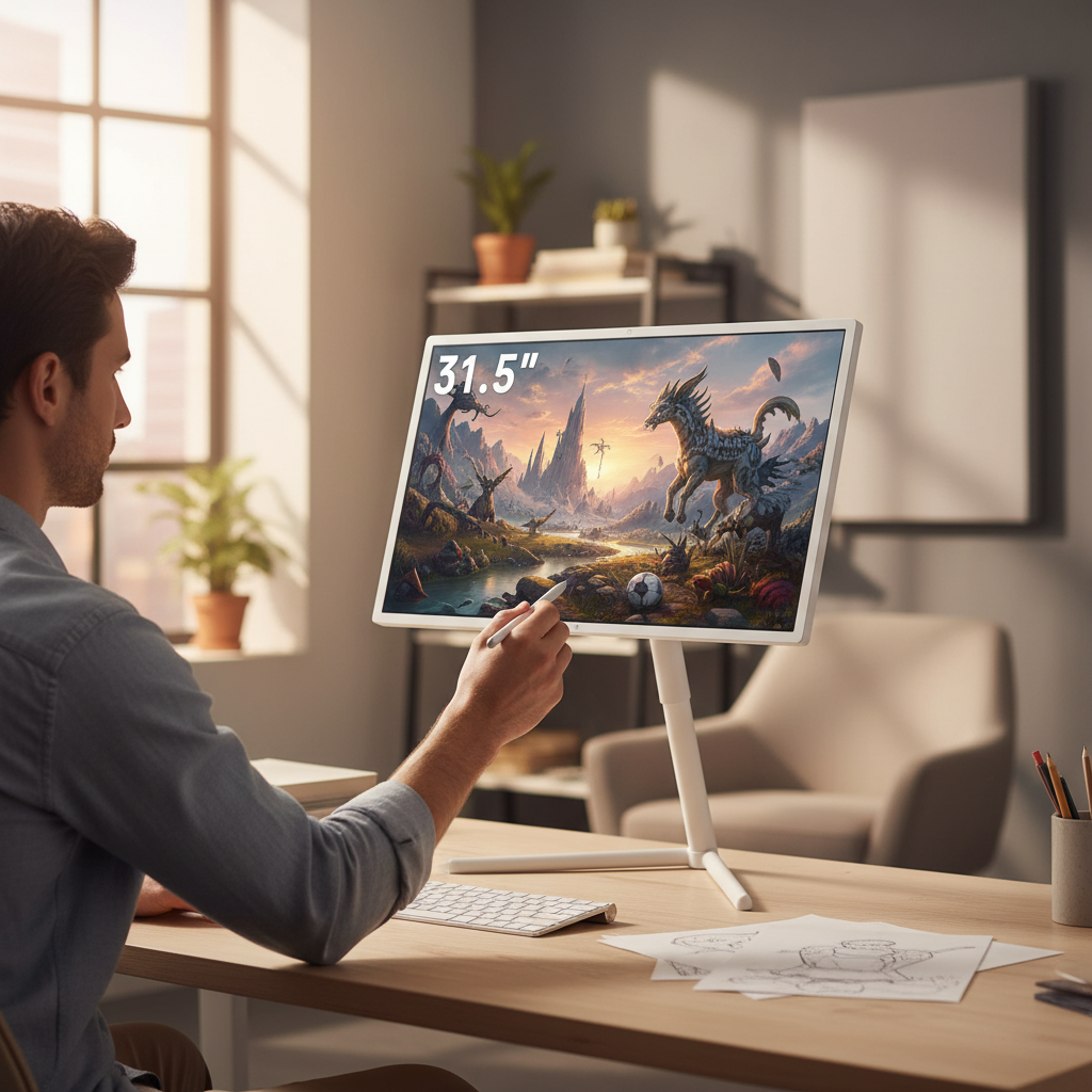 A professional artist working on a large touch screen monitor in a home studio.