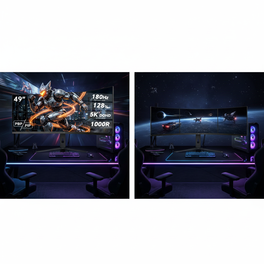 Comparison of a triple curved monitor array and a single super ultrawide curved gaming monitor on a desk setup