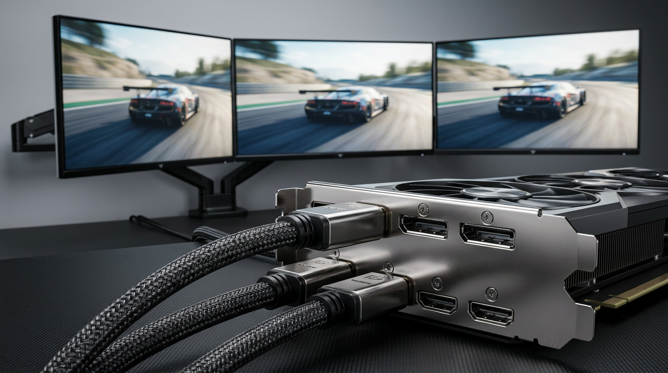 A high-end graphics card back panel with multiple DisplayPort and HDMI cables connected, leading to a triple monitor setup showing smooth gaming visuals.
