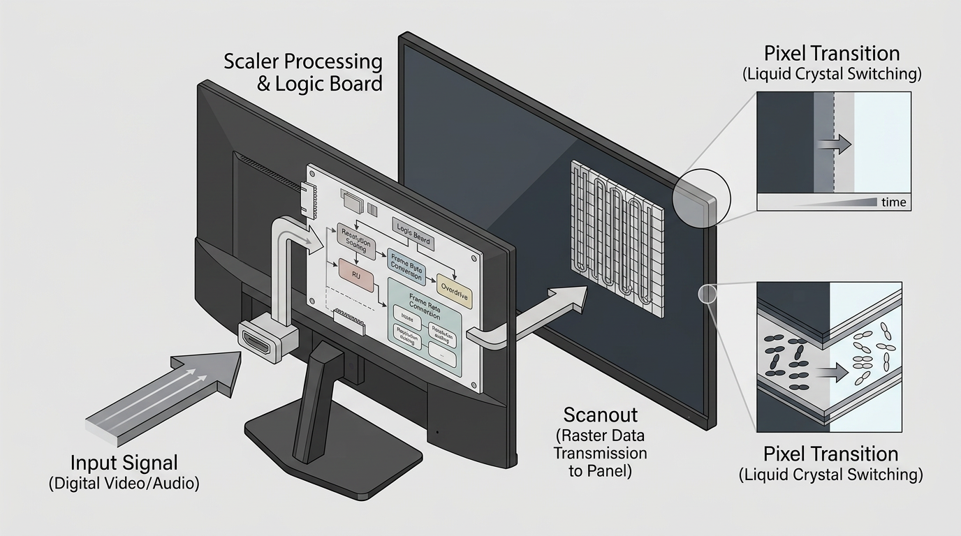 Technical diagram of monitor signal flow and pixel transitions