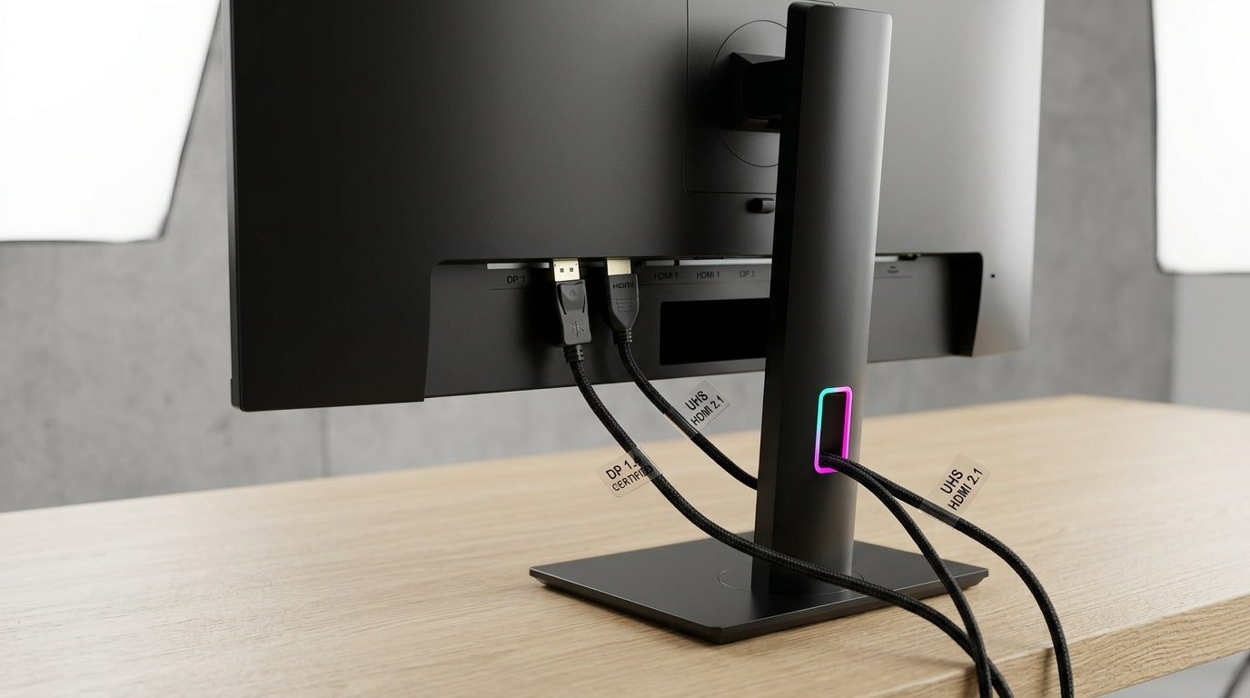 KTC 4K gaming monitor connected via DisplayPort and HDMI cables showing port layout and cable certification labels