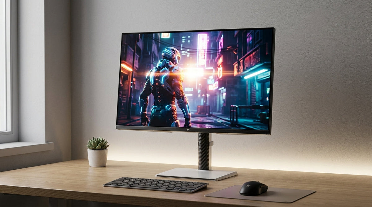 A sleek 27-inch flat gaming monitor displaying vibrant HDR gameplay on a clean desk setup with subtle lighting