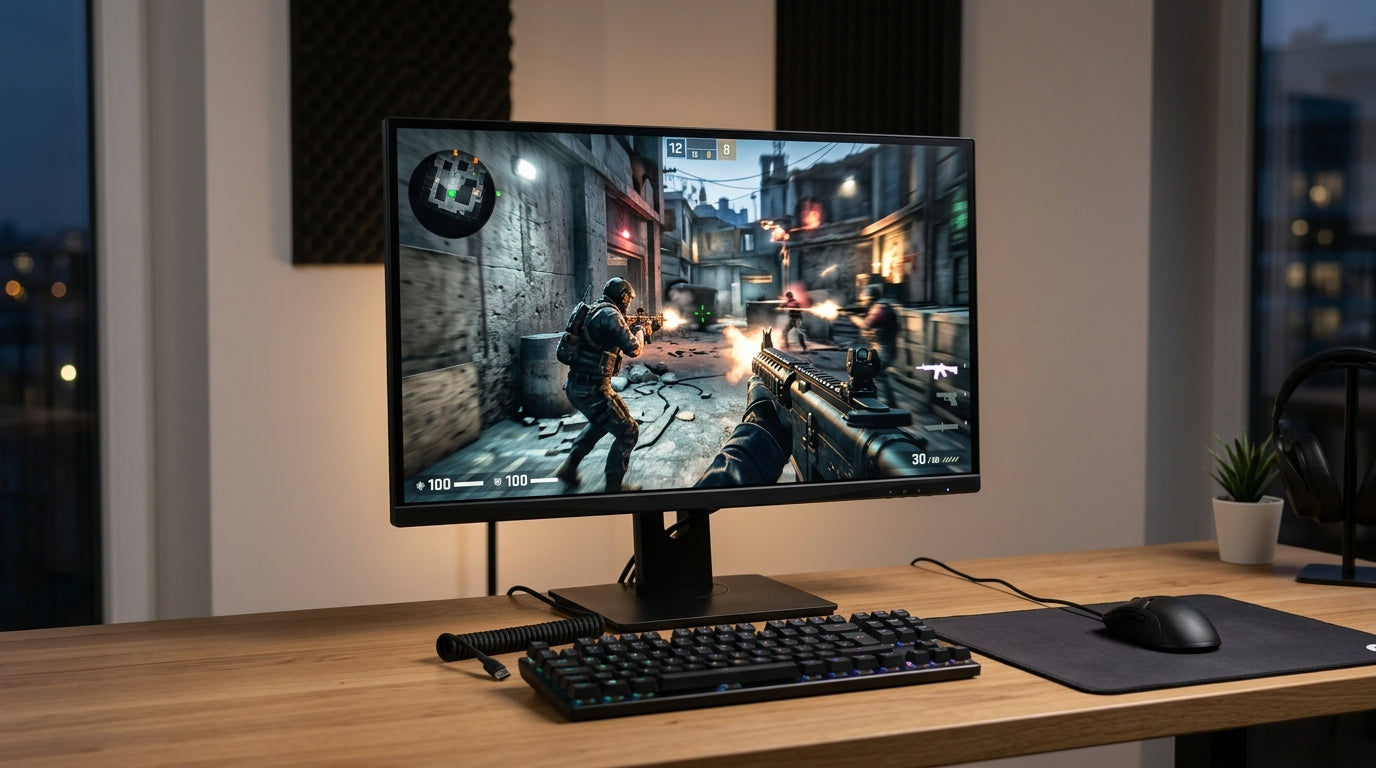 A modern gaming monitor displaying crisp, blur-free motion during fast-paced gameplay