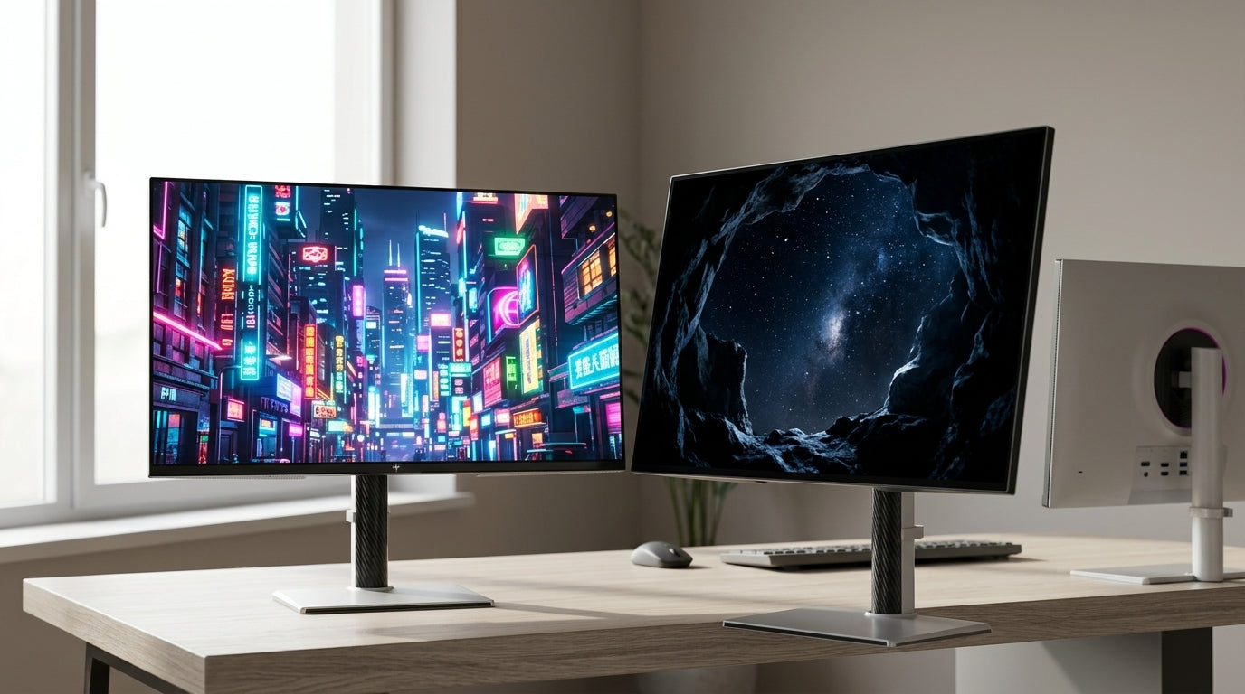 KTC 4K Mini-LED and 1440p OLED gaming monitors side-by-side on a desk showing resolution and contrast differences