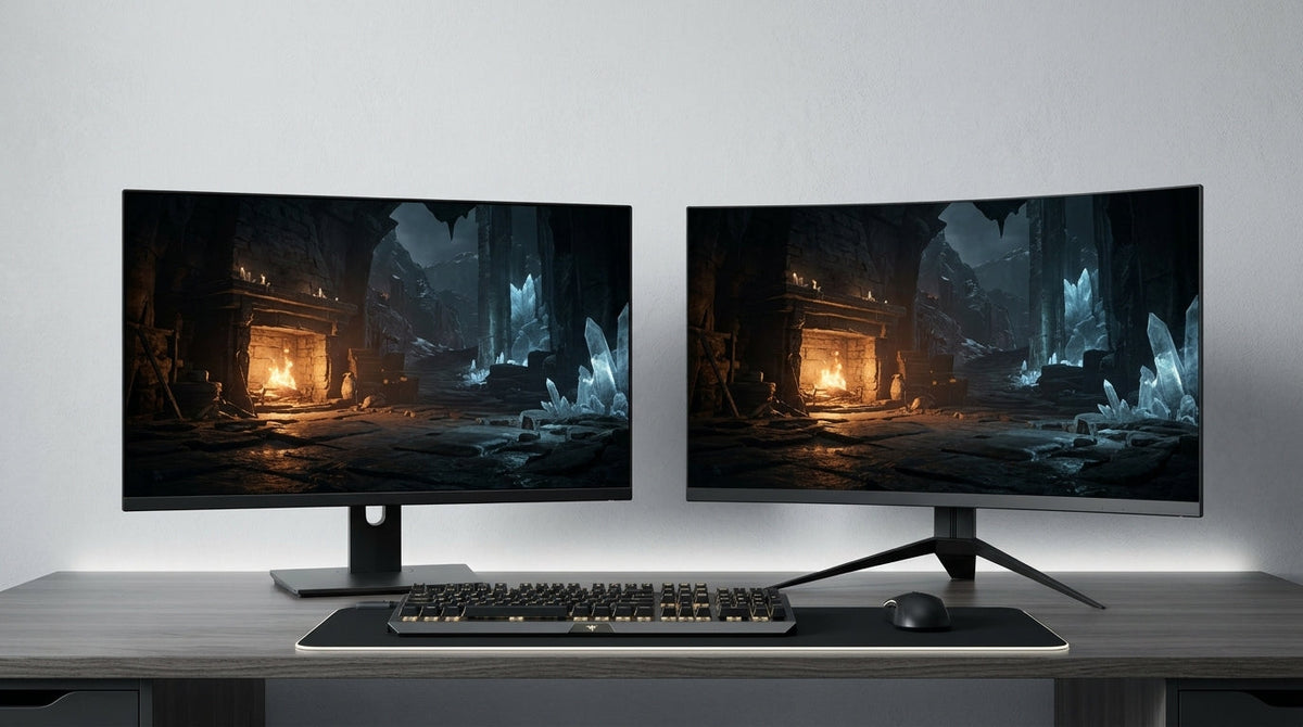 Flat vs curved gaming monitor comparison showing screen curvature differences