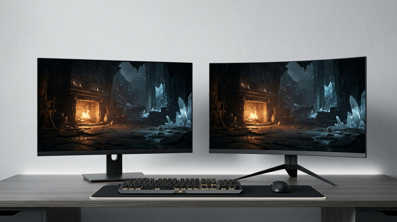 Flat vs curved gaming monitor comparison showing screen curvature differences