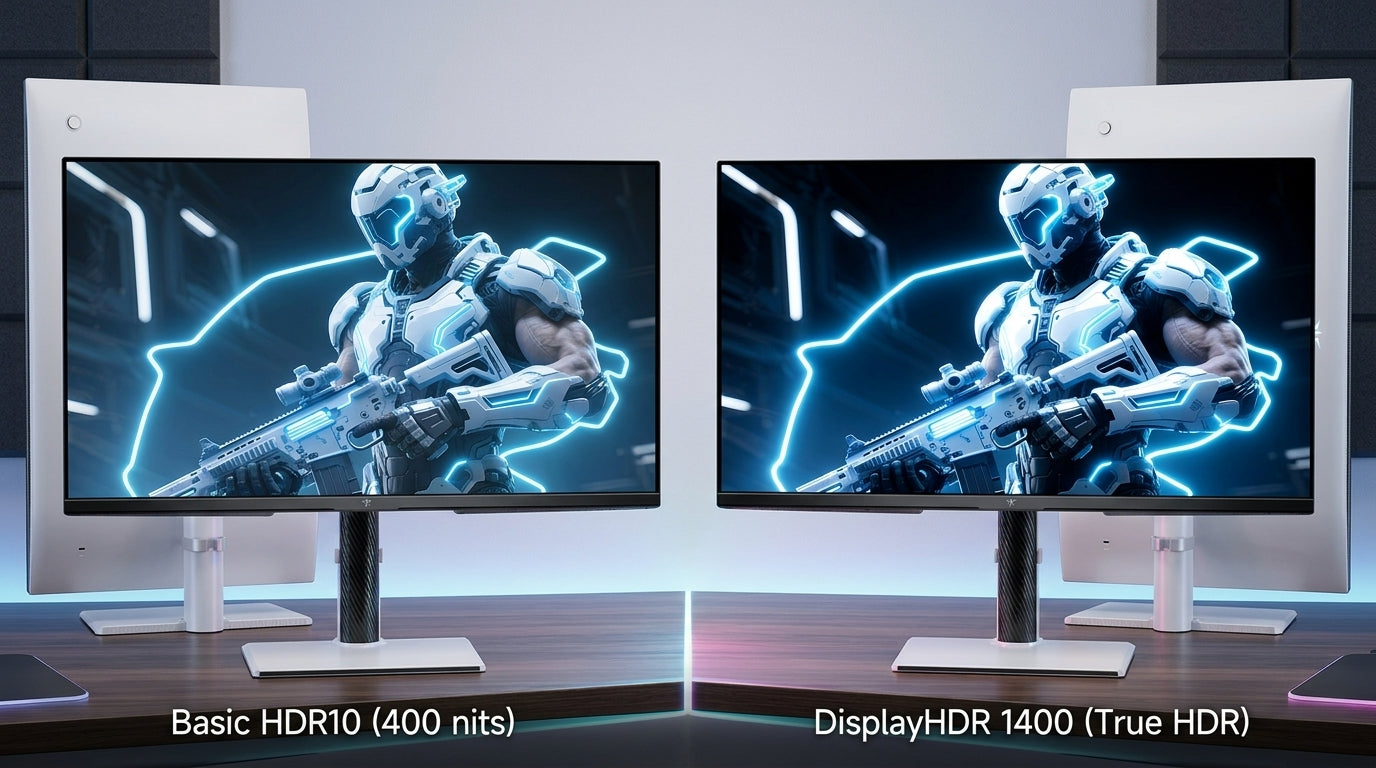 HDR comparison on gaming monitor showing bright specular highlights next to deep shadows