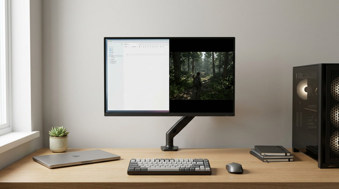 Clean desk with MacBook and gaming PC connected to a single KTC KVM monitor showing productivity and gaming modes side by side
