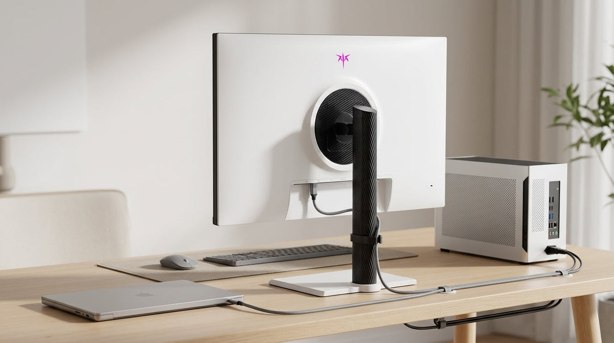 USB-C KVM monitor on a clean hybrid desk showing laptop and gaming PC connections