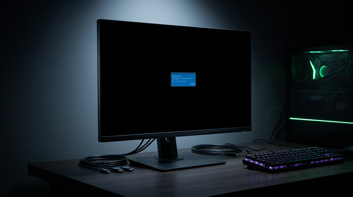 A gaming monitor displaying an error message on a black screen in a dimly lit gaming setup.