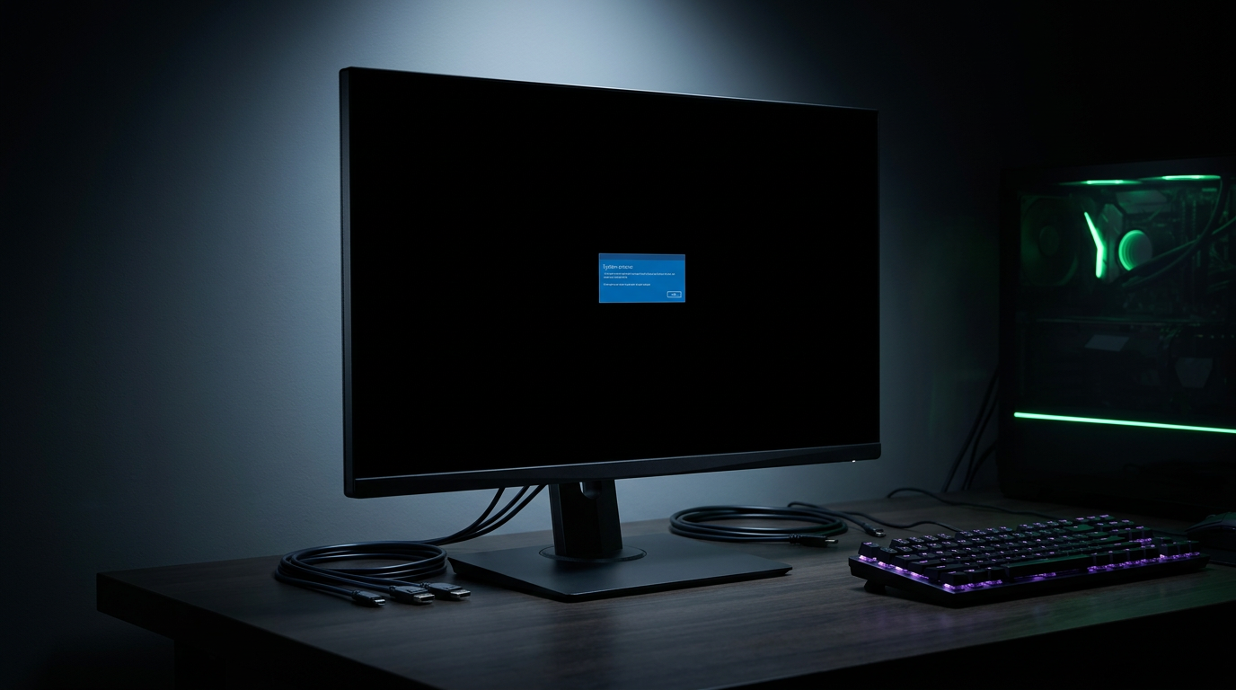 A gaming monitor displaying an error message on a black screen in a dimly lit gaming setup.