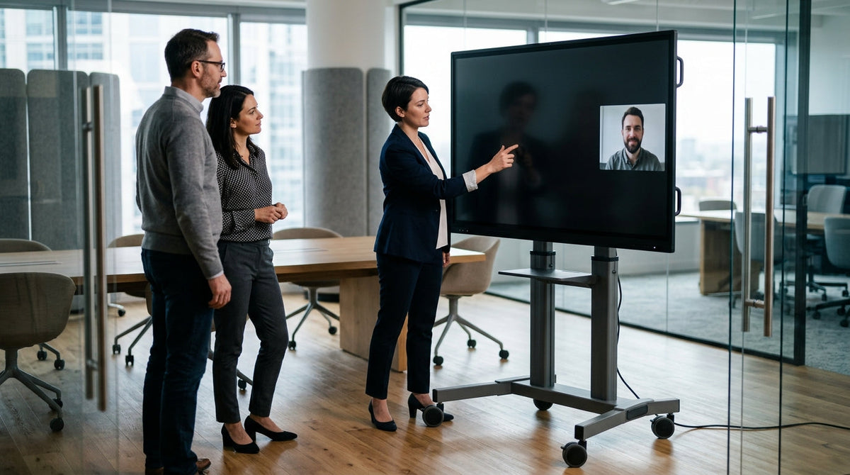 A large mobile smart touch monitor on a wheeled stand in a professional boardroom, used by a small hybrid team for collaborative annotation.