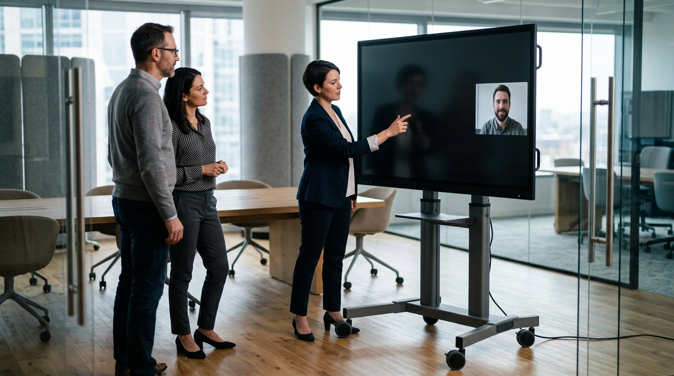 A large mobile smart touch monitor on a wheeled stand in a professional boardroom, used by a small hybrid team for collaborative annotation.