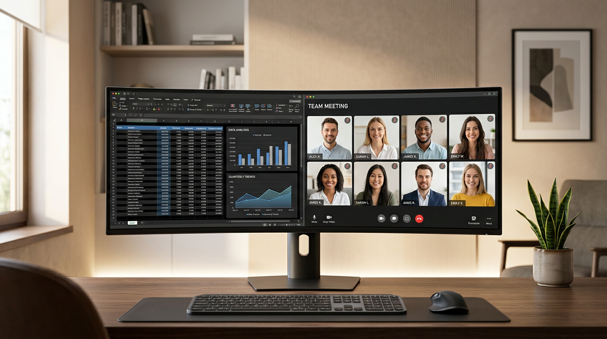 A 49-inch curved ultrawide monitor on a clean productivity desk showing two distinct windows side-by-side in Picture-by-Picture (PBP) mode.