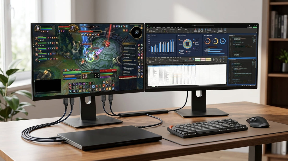 Clean dual monitor desk setup with displays for productivity and gaming