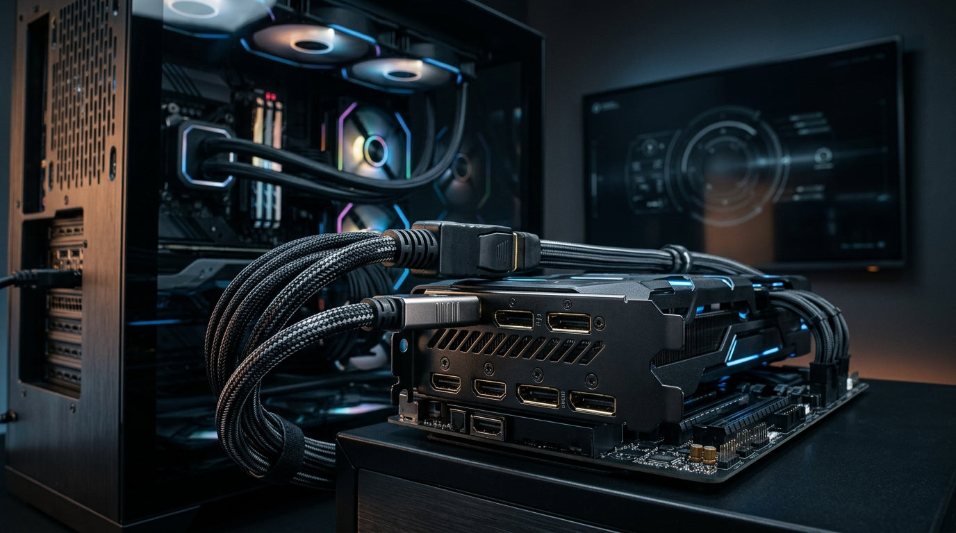 A high-performance graphics card in a futuristic 2026 PC build, with high-bandwidth cables connected to a large 4K monitor in a tech-focused gaming setup.
