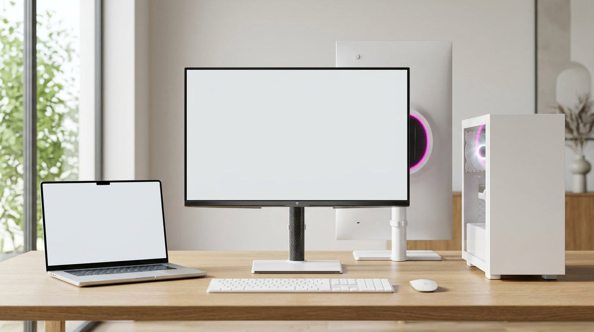 A professional hybrid desk setup featuring a large premium computer monitor connected to a laptop on one side and a desktop PC tower on the other, with a shared keyboard and mouse on a clean, modern desk.