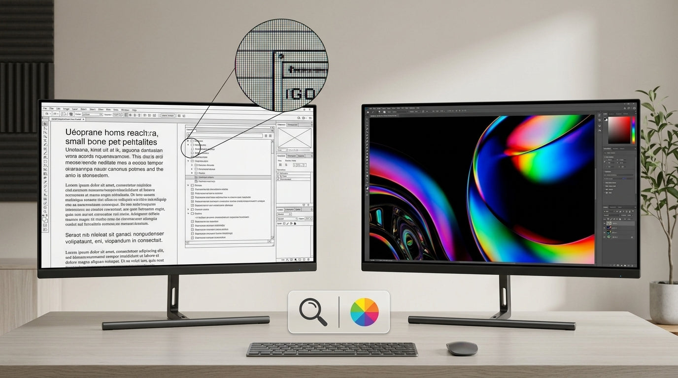 Side-by-side desktop monitor comparison showing pixel density and image quality differences
