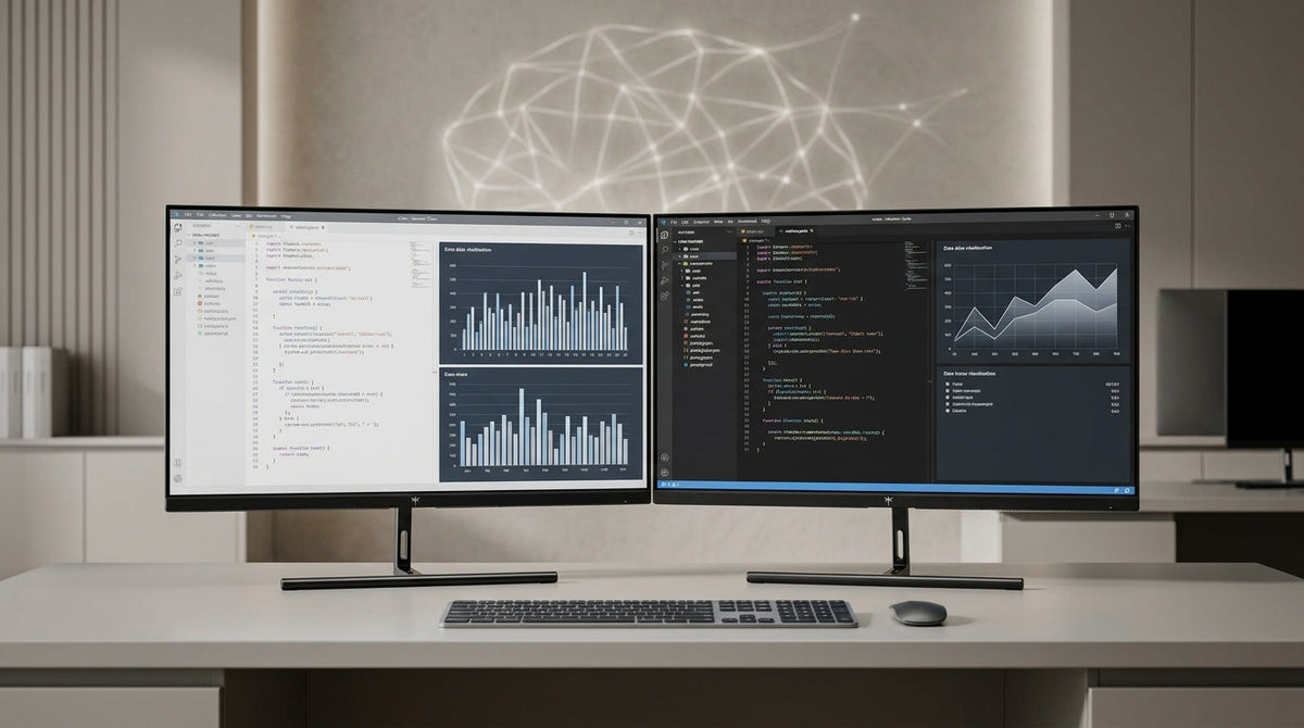 A professional AI developer workstation in 2026 featuring dual high-resolution monitors with a clean desk and subtle digital neural network visualization.