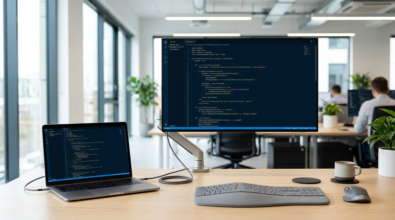 A clean, modern developer workspace featuring a high-resolution monitor connected to a laptop with a single USB-C cable, minimal clutter, and professional lighting.