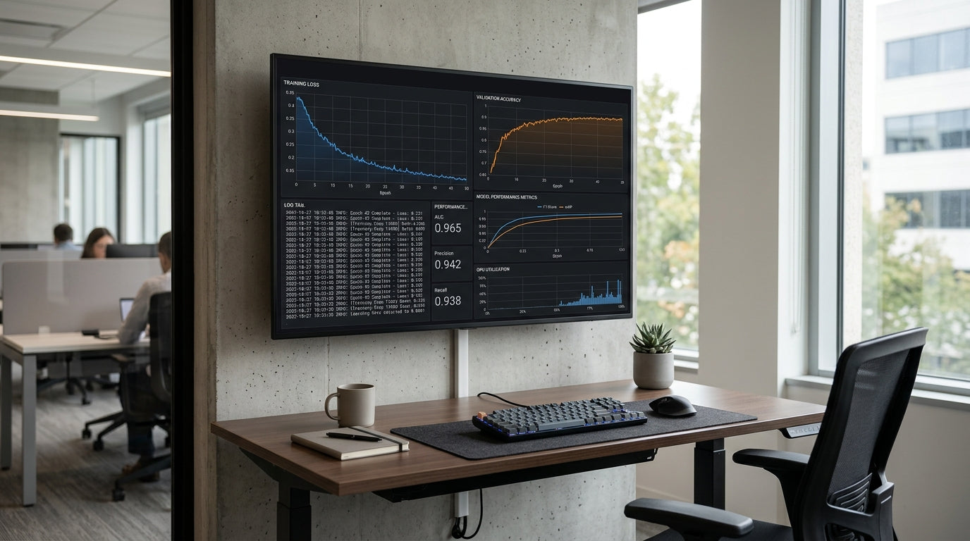 A professional workstation setup featuring a large monitor displaying an ML monitoring dashboard with log tails, loss curves, and metrics.