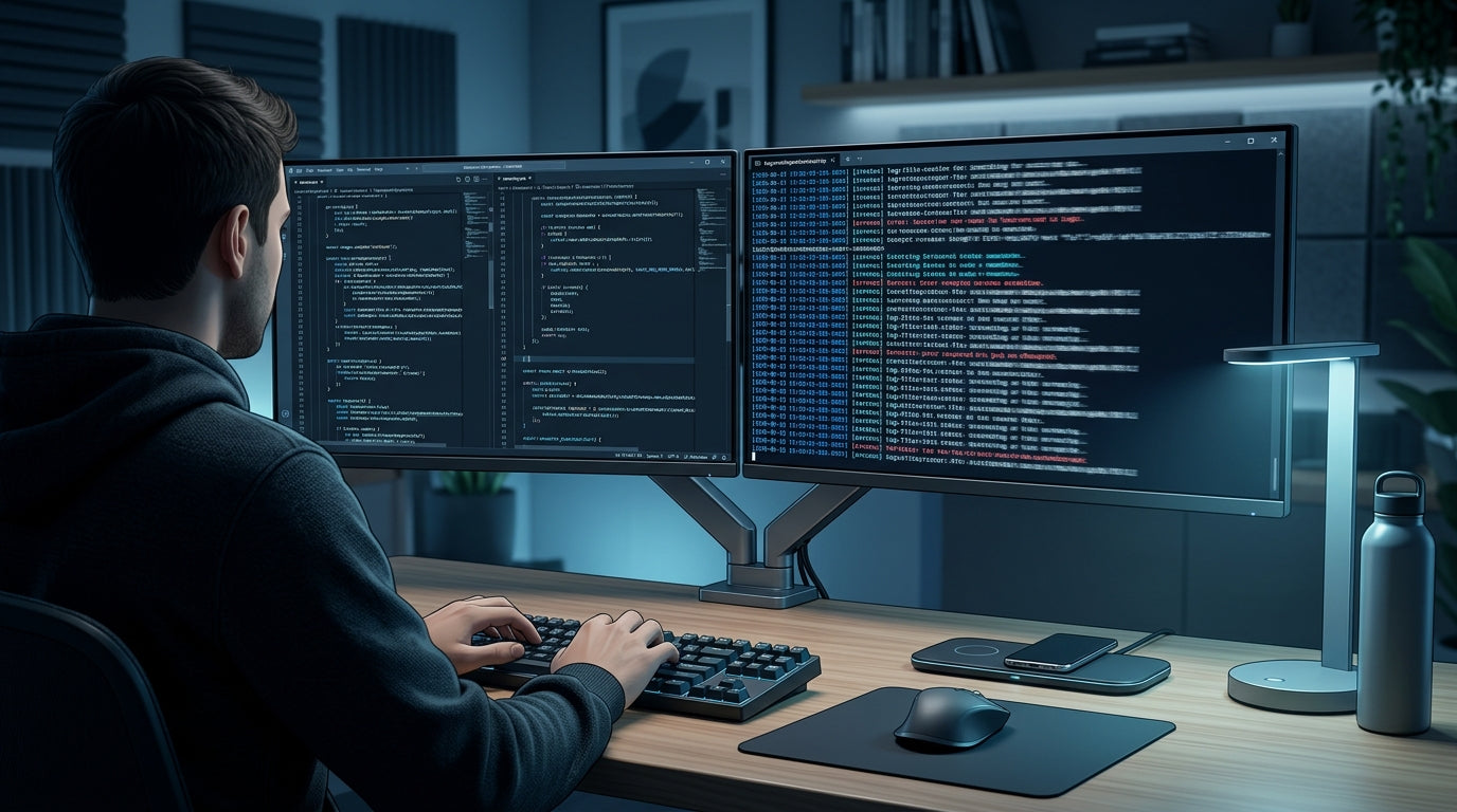 Developer comparing monitor smoothness and text sharpness for coding workflows