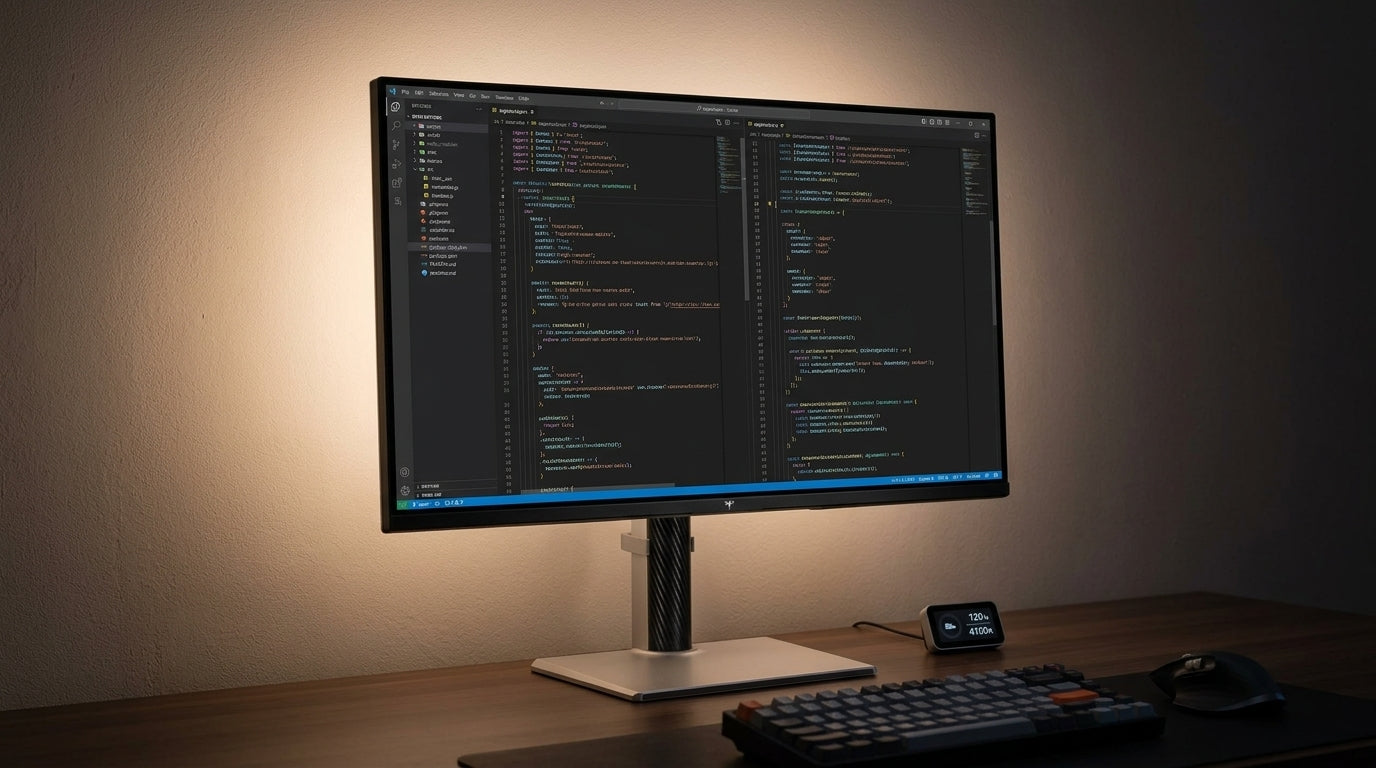 A cozy late-night coding setup featuring a professional monitor with a dark-themed code editor, soft warm bias lighting behind the screen, and a clean desk arrangement in a dimly lit room.